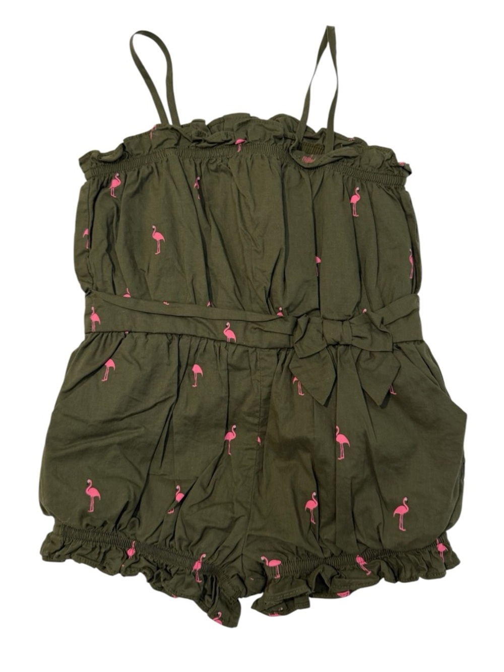 Janie and Jack Girls Olive Green Flamingo Romper with Bow Waist size 3